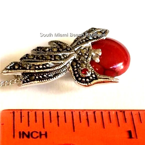 Hummingbird Necklace 19" Cubic Zirconia Marcasite Silver Rhodium Plated Red 19" - Picture 7 of 8